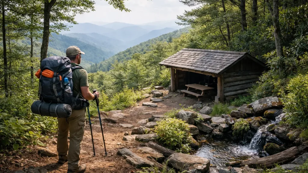 Backpacker on Section 1 of the Art Loeb Trail near a shelter