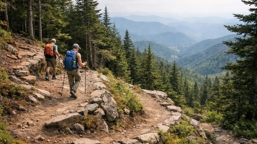 Switchback trail through spruce-fir forest on Bald Knob Ridge