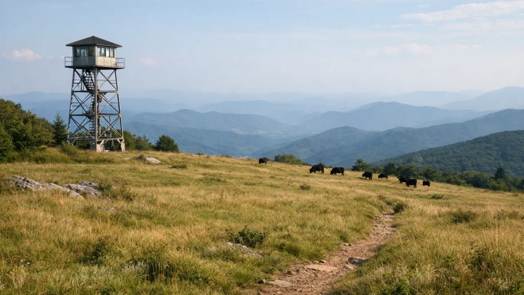 Grassy summit and fire tower at Bearwallow Mountain
