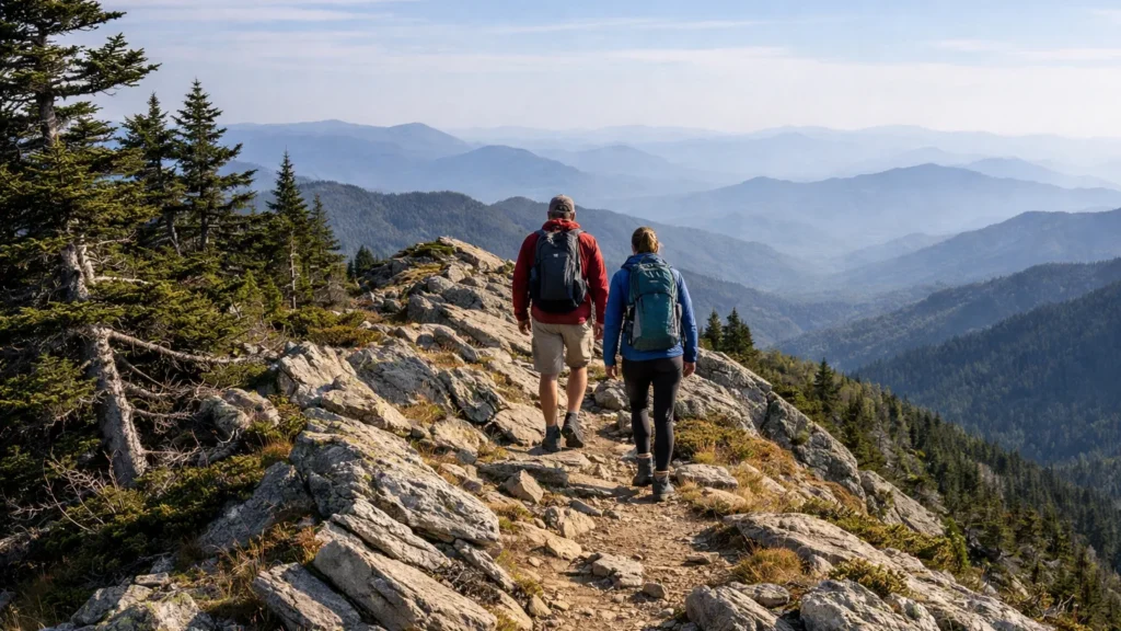 Hikers on the exposed high-elevation Black Mountain Crest Trail