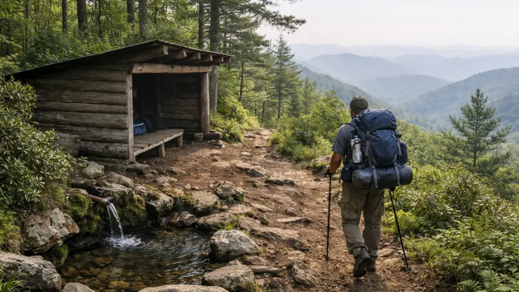 Backpacker passing a trail shelter on the Black Mountain Trail