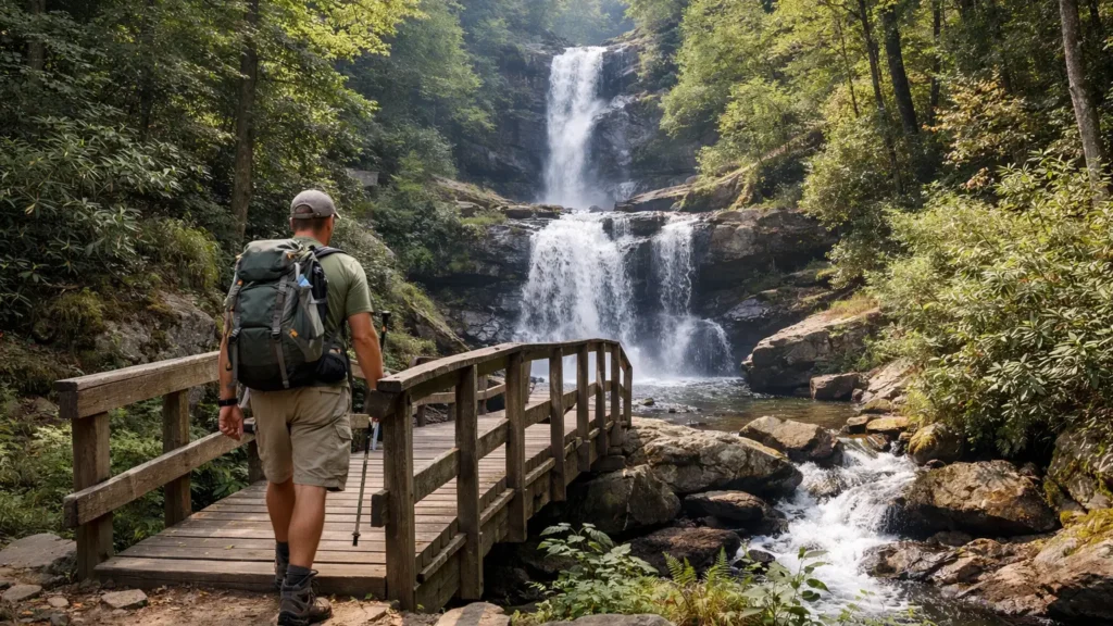 Two-tiered waterfall on the Catawba Falls loop trail