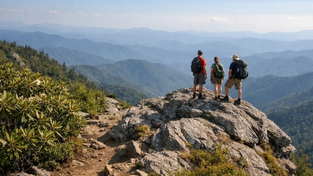 Hikers on a rocky outcrop along the Appalachian Trail near Charlies Bunion
