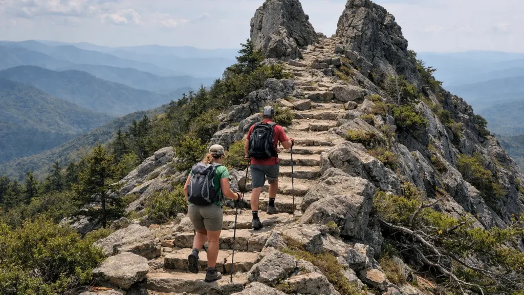 Hikers climbing stone steps toward the Chimney Tops rock pinnacles