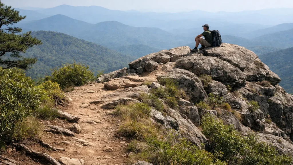 Hiker resting at the exposed summit of Cold Mountain