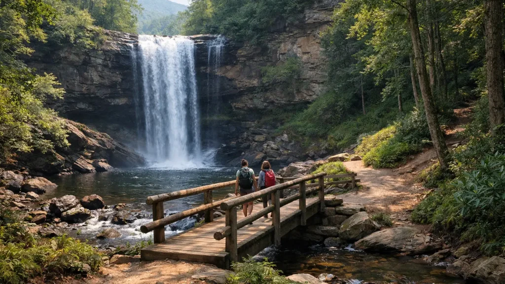 60-foot waterfall over a rock cliff at Crabtree Falls