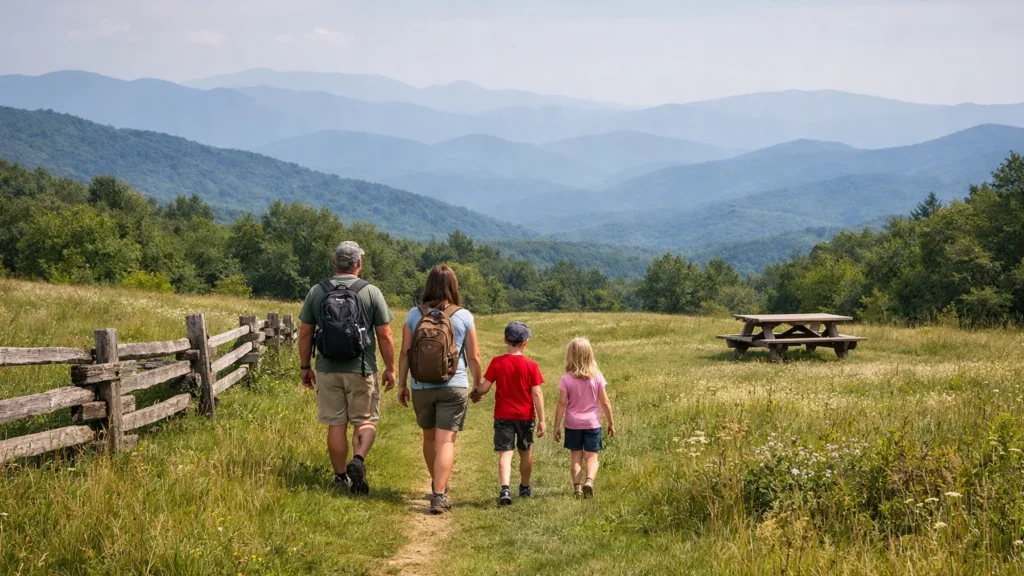 Easy grassy walking path at Cumberland Knob on the Blue Ridge Parkway