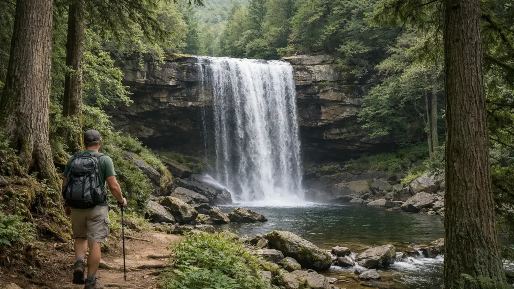 Waterfall surrounded by old-growth hemlocks near the Blue Ridge Parkway