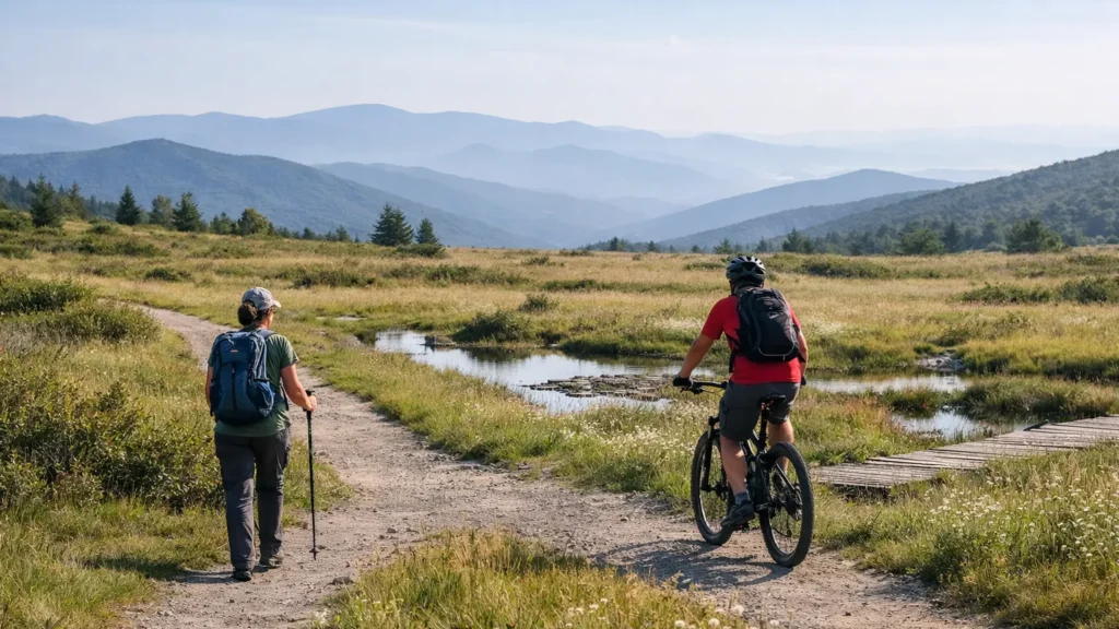Easy multi-use trail through alpine wetland near Black Balsam