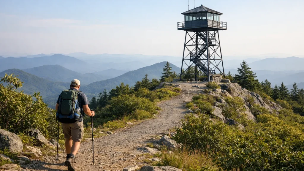 Historic steel fire tower atop Fryingpan Mountain