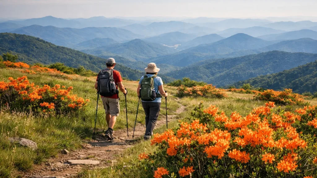 Flame azalea bloom on the grassy summit of Gregory Bald