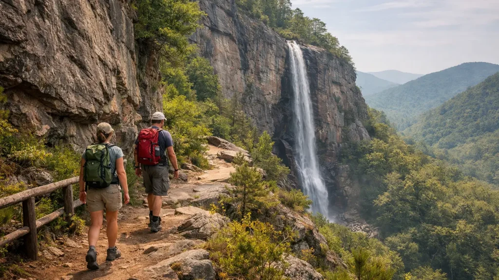Trail along Hickory Nut Gorge leading to a tall waterfall