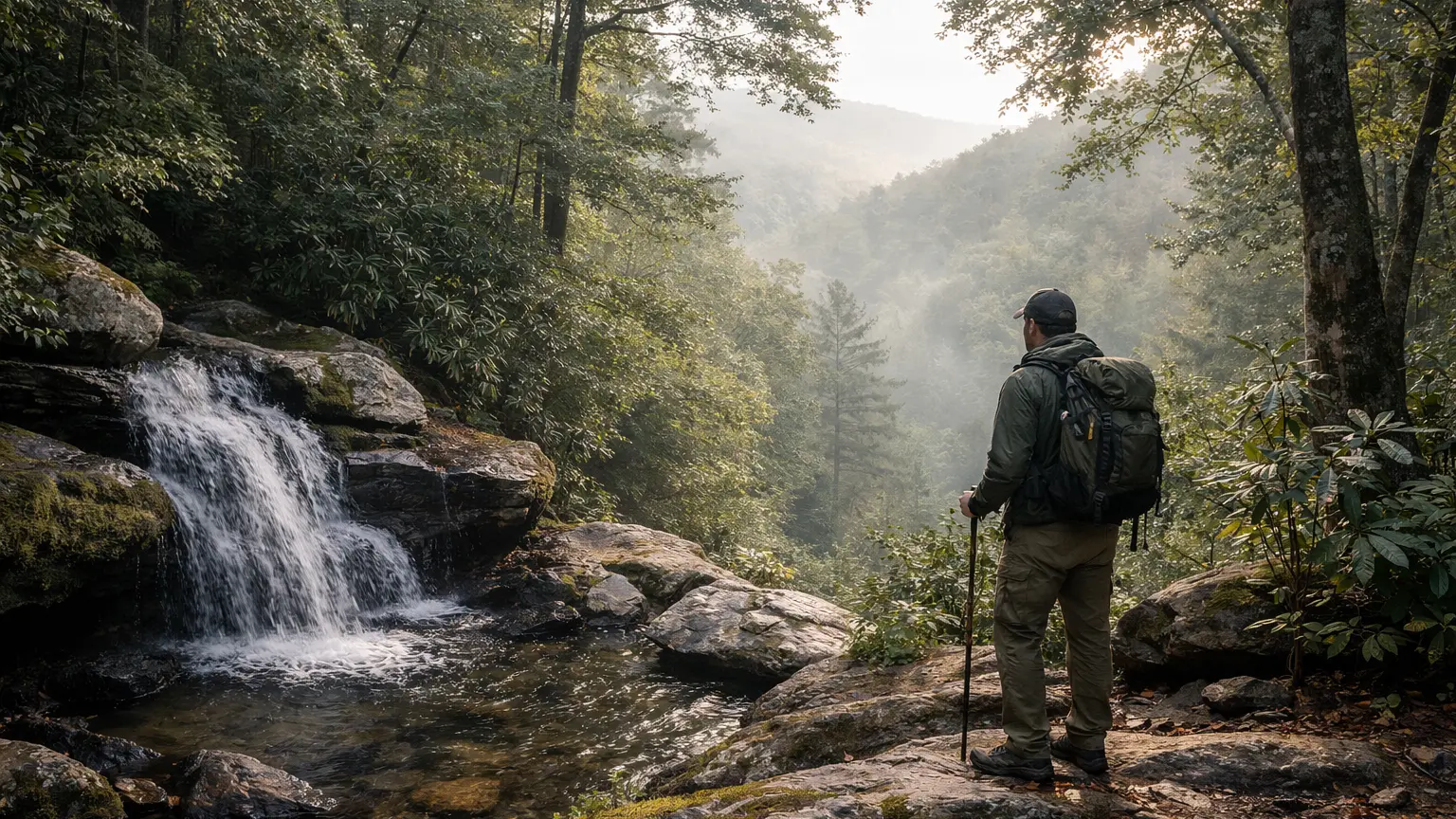A hiker alone at a quiet, secluded overlook in the Western North Carolina mountains