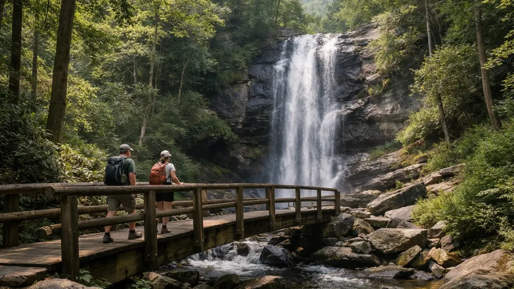 Wooden footbridge crossing Juney Whank Falls