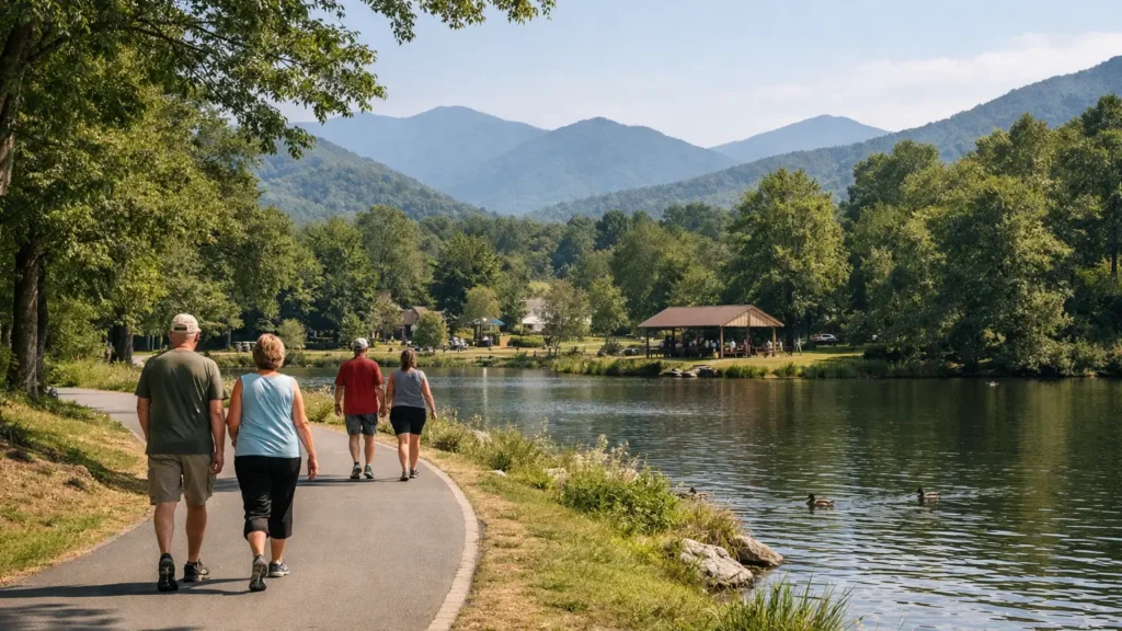 Paved loop path around Lake Tomahawk in Black Mountain, NC