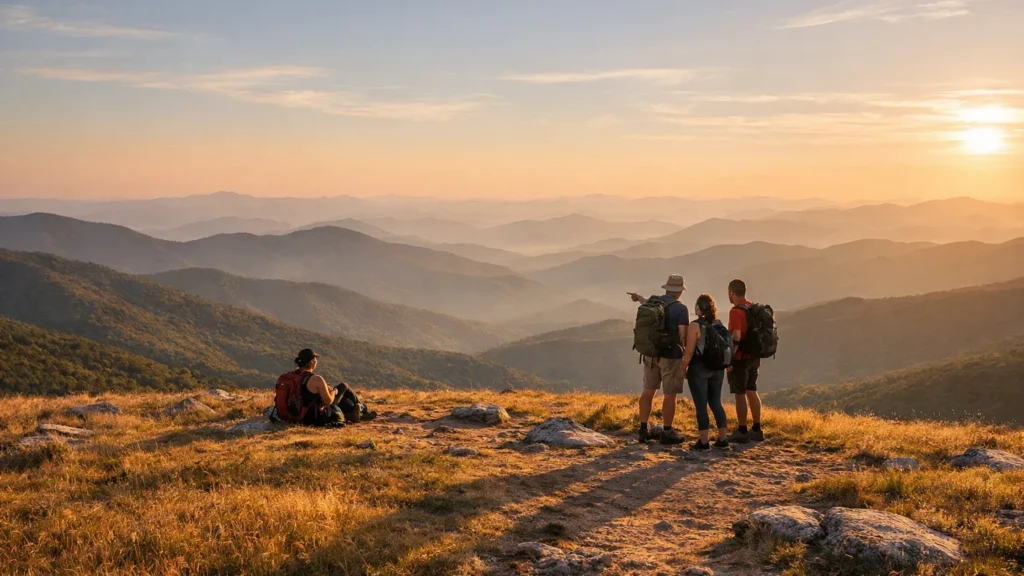 Open grassy bald summit at Max Patch with 360-degree mountain views