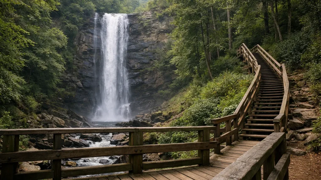 Tall waterfall and viewing bridge at Mingo Falls
