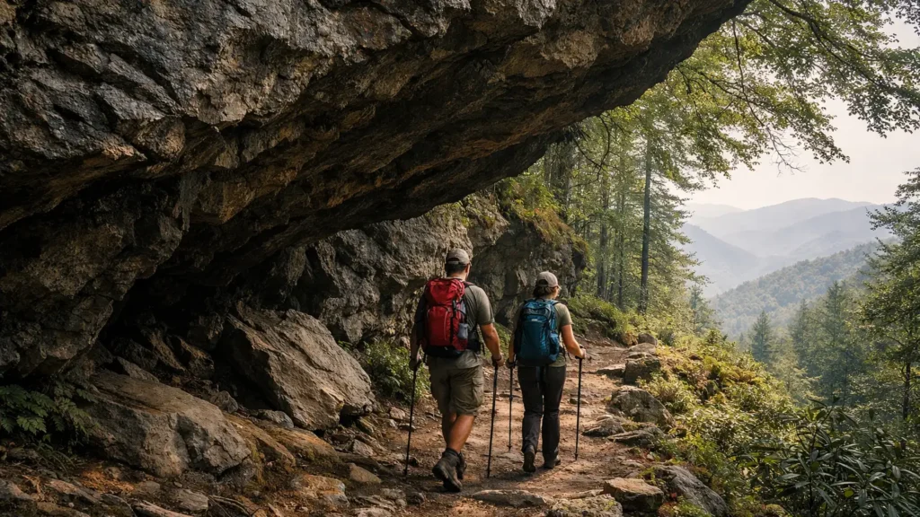 Hikers passing beneath Alum Cave Bluffs on the trail to Mount Le Conte