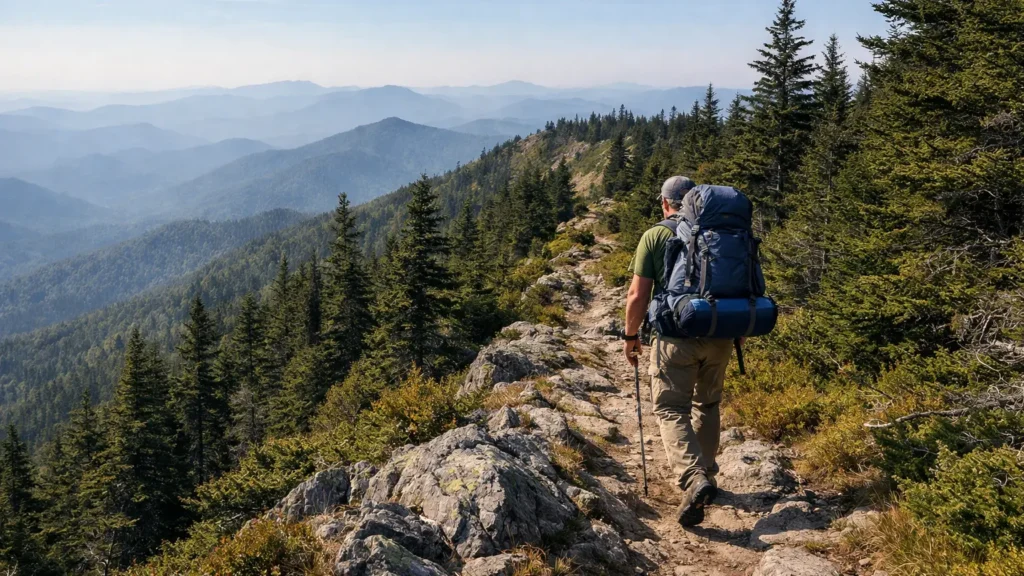 Backpacker on the Mountains-to-Sea Trail through the Black Mountains