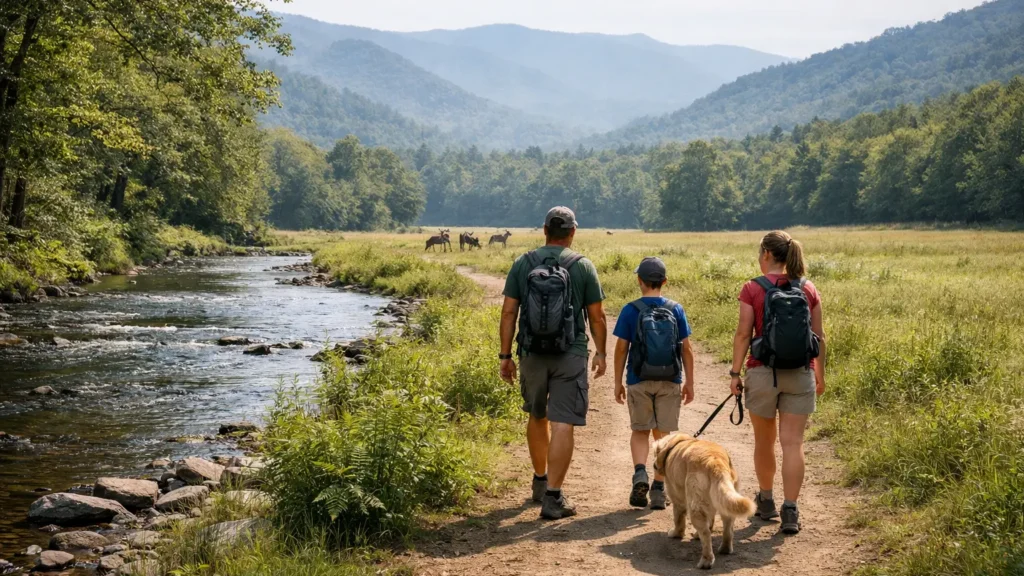 Flat riverside trail with grazing elk near Cherokee, NC
