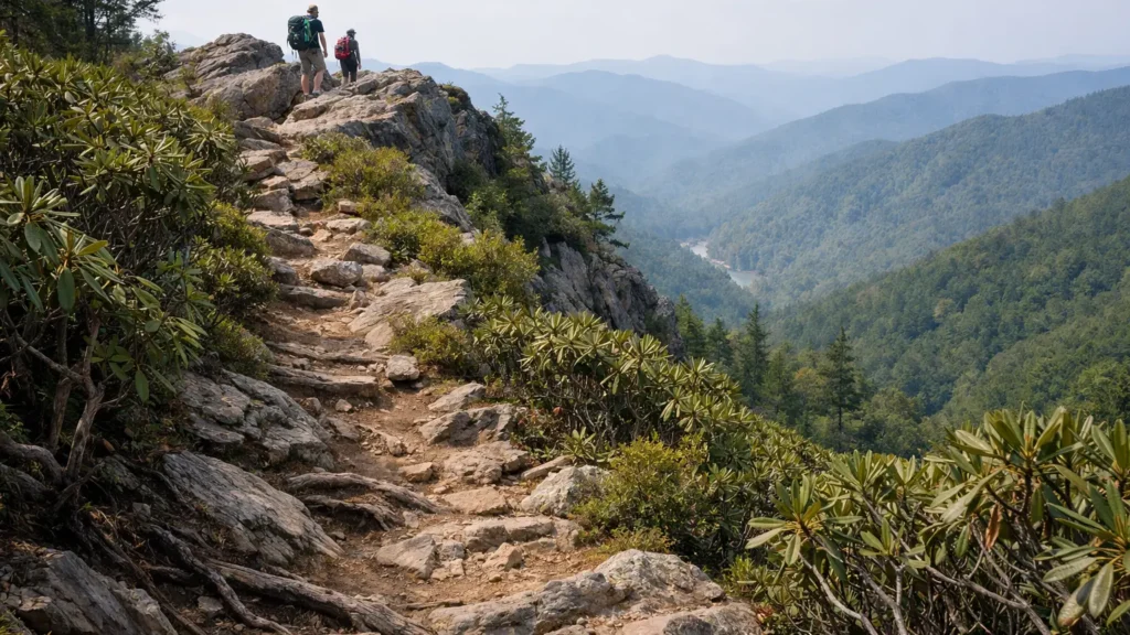 Steep trail climbing through rhododendron toward Old Butt Knob