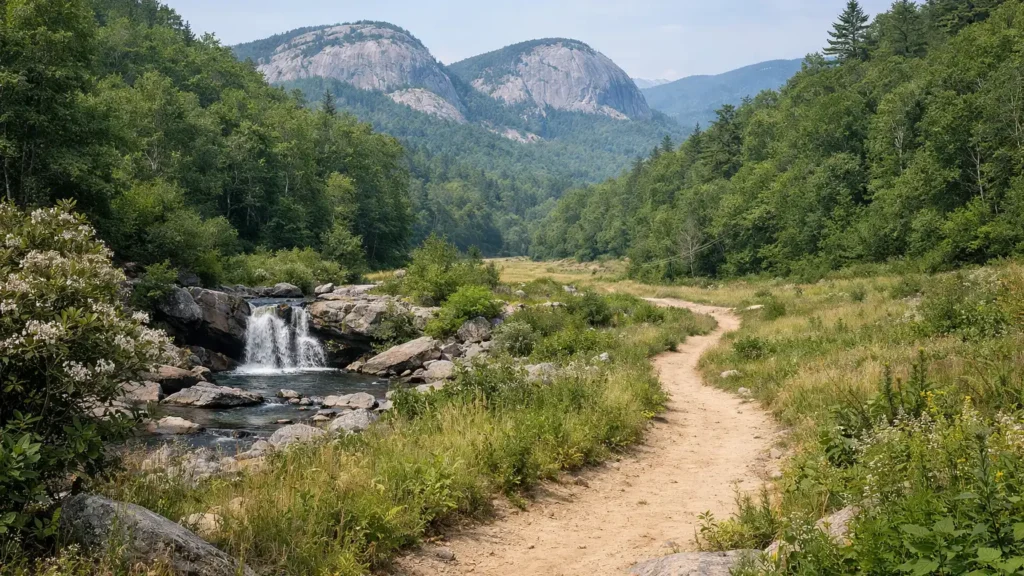Backcountry trail through Panthertown Valley with granite domes