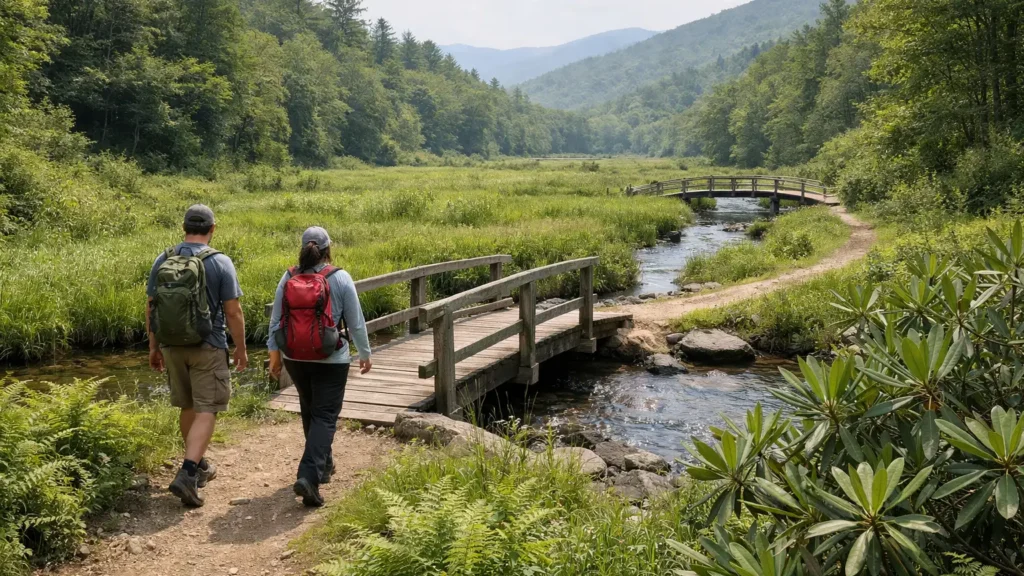 Flat wetland trail with footbridges at Pink Beds