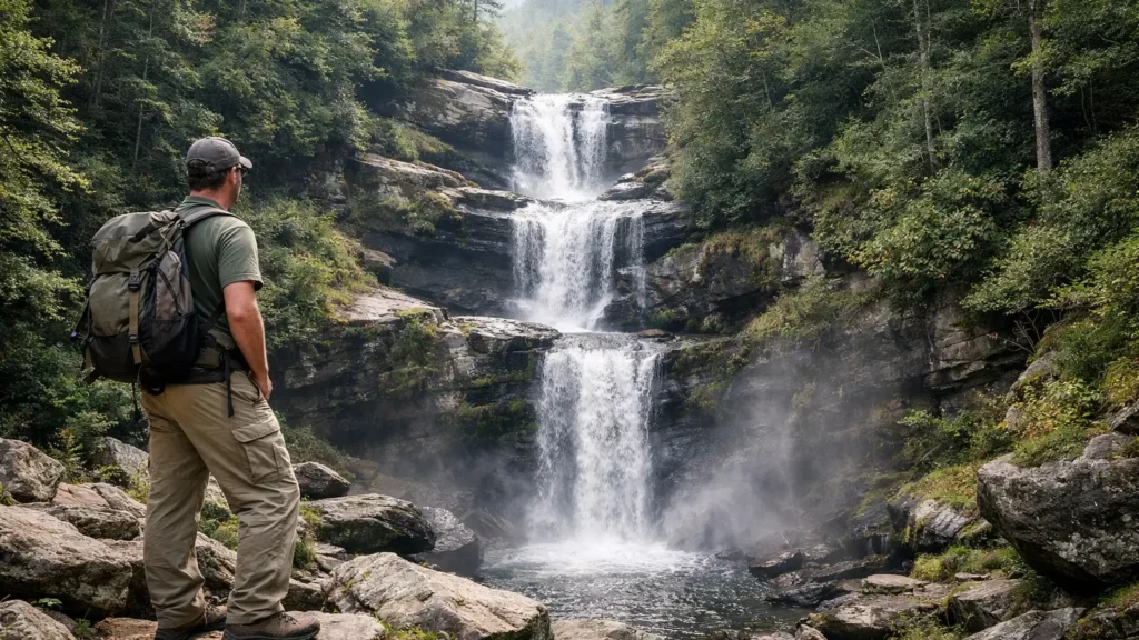 Tall waterfall in a forested gorge in the Great Smoky Mountains