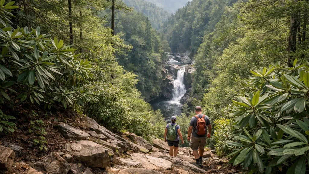 Strenuous trail descending into Gorges State Park toward Rainbow Falls