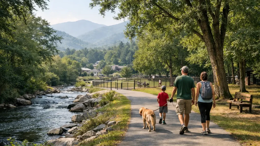 Paved riverside walking path in a Black Mountain, NC town park