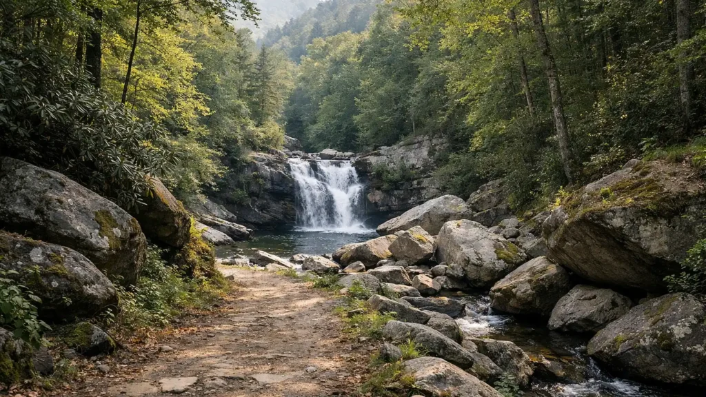 Waterfall and granite boulders at Roaring Fork Falls