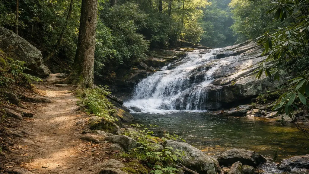 Secluded sliding-cascade waterfall at Rufus Morgan Falls