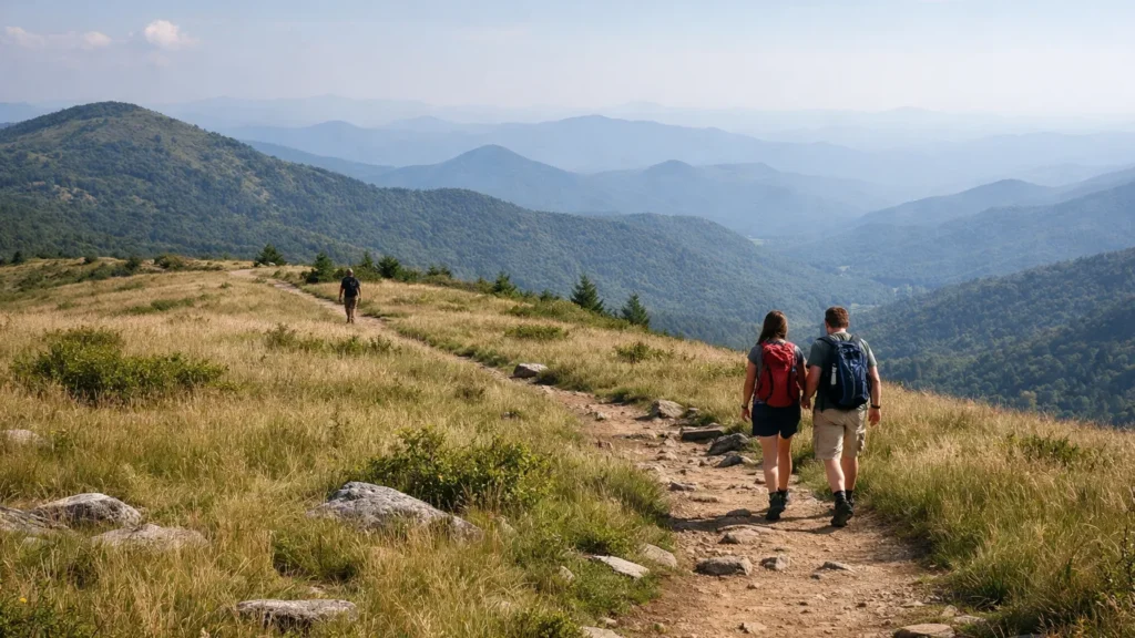 Grassy bald summit trail near Sam Knob