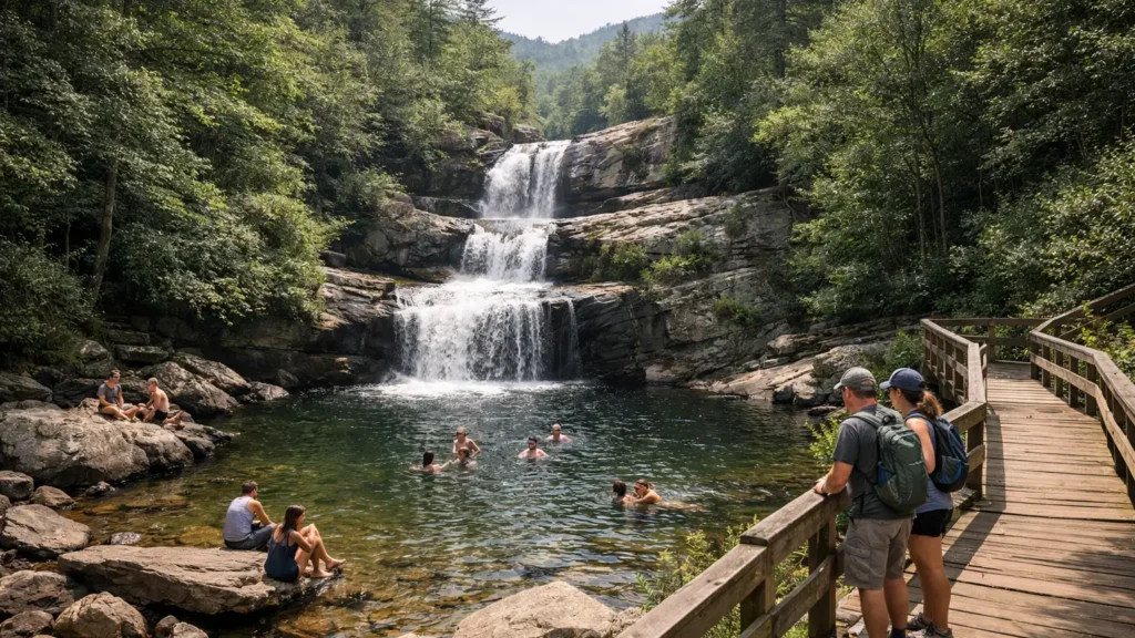 Three-tiered waterfall and swimming hole at Skinny Dip Falls