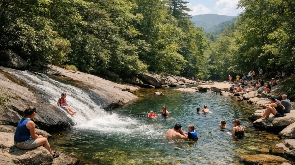 Families at the natural rock waterslide at Sliding Rock