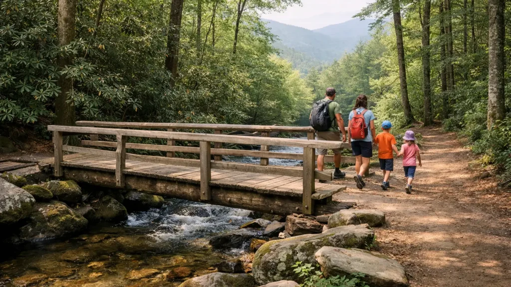 Family crossing a footbridge on the Smokemont Nature Trail