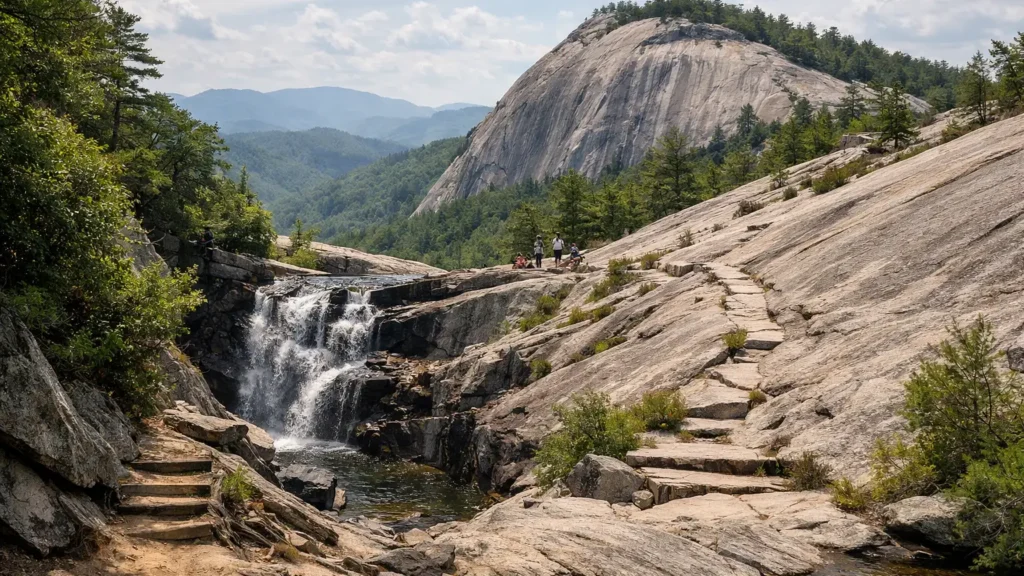 Waterfall and granite domes on the Stone Mountain Loop Trail