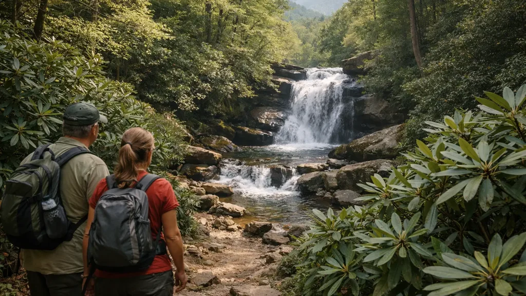 Forest trail leading to Twin Falls in Pisgah National Forest