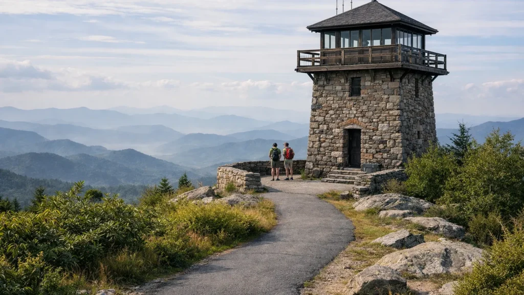Historic stone fire tower at the summit of Wayah Bald