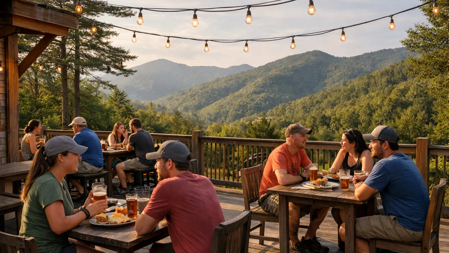 Outdoor brewery patio with mountain views in a Western North Carolina trail town