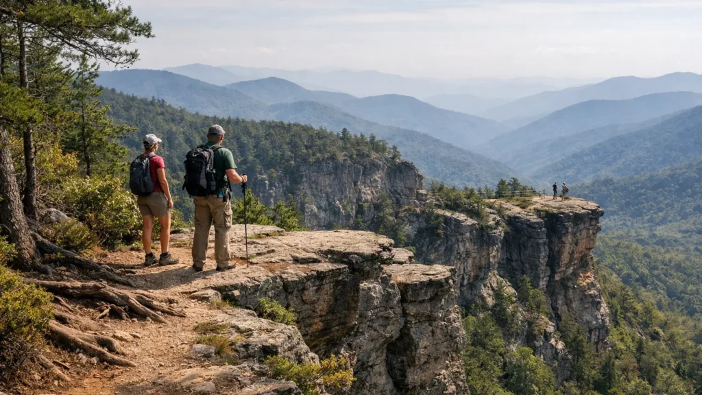 Hikers along the cliff-top loop trail at Whiteside Mountain