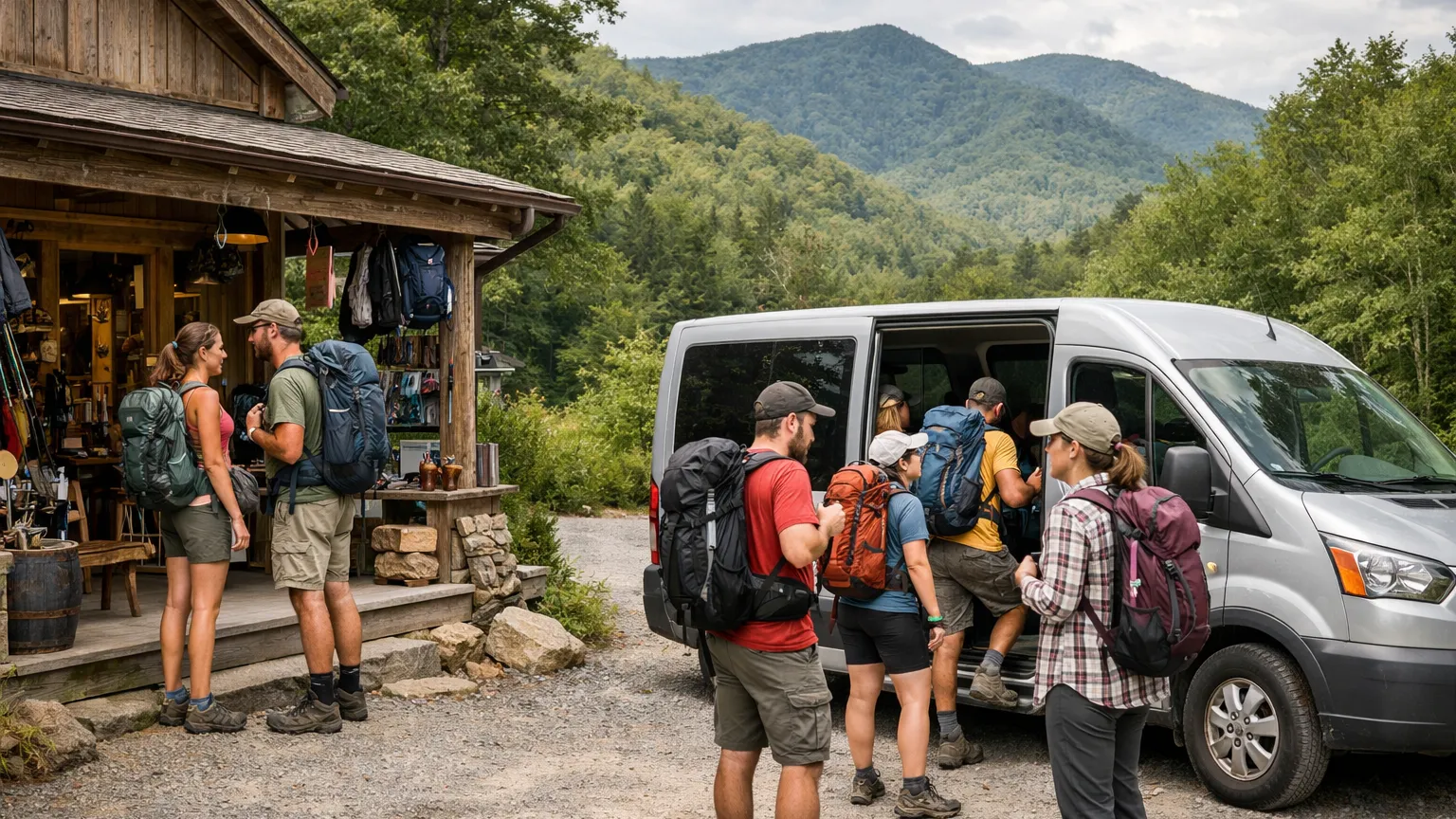 Outdoor outfitter and shuttle van serving hikers at a Western North Carolina trailhead
