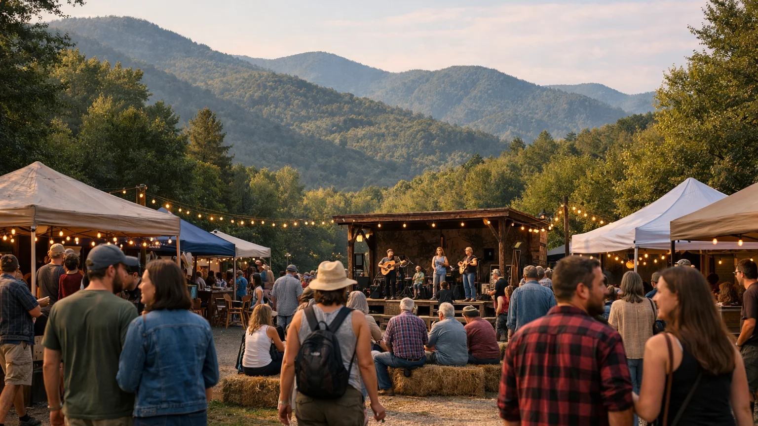 Outdoor community event with mountain views in a Western North Carolina trail town